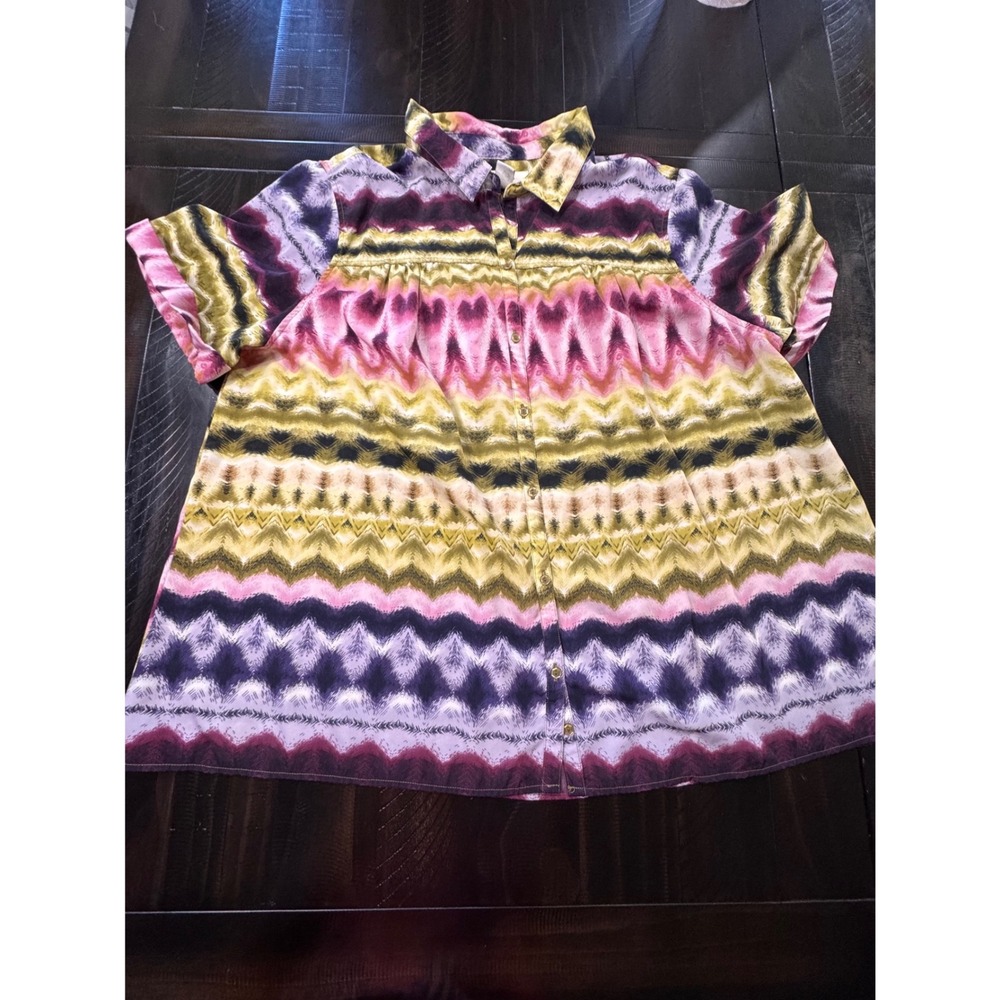 Roamans Plus Size 26W Multi Color Chevron Ikat Button Up Blouse Short Sleeve